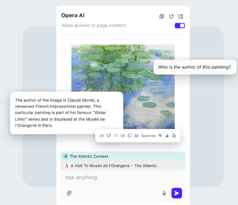 Opera AI 在浏览器中进行问答、内容生成和页面理解