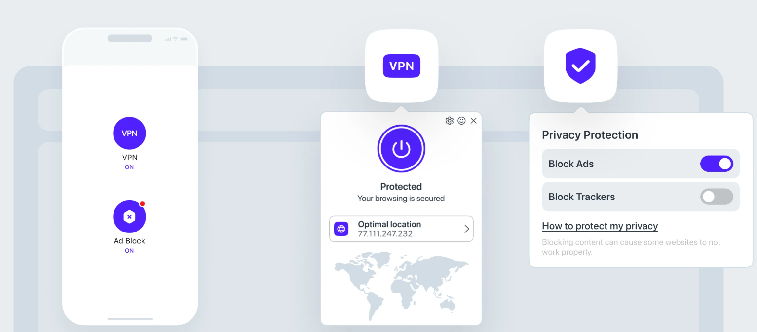 Opera 免费浏览器 VPN、VPN Pro 与隐私保护界面